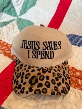 Beige & Leopard Baseball Cap - "Jesus Saves I Spend"